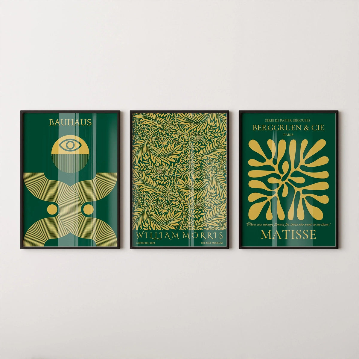 Bauhaus, William Morris and Matisse Statement Trio — three emerald green and gold prints in black frames