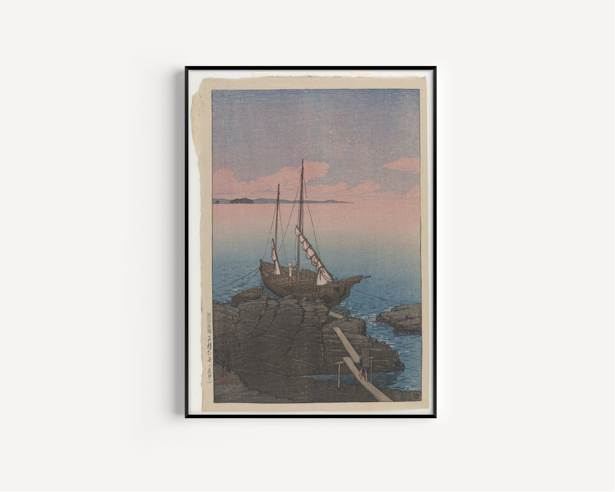 Kawase Hasui — A Boat Laden with Masonry, Boshu | Japanese Woodblock Print (Shin Hanga)