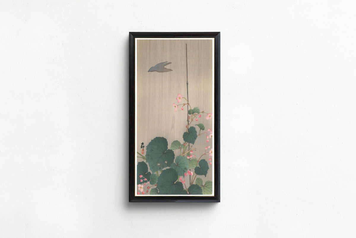 Ohara Koson — Begonia in Rain with Bird Shadow | Japanese Bird & Flower Woodblock Print