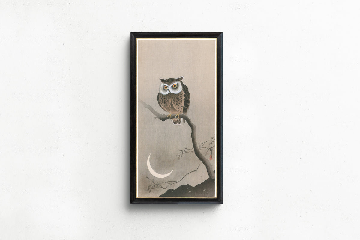 Ohara Koson — Horned Owl and Crescent Moon | Japanese Bird & Flower Woodblock Print