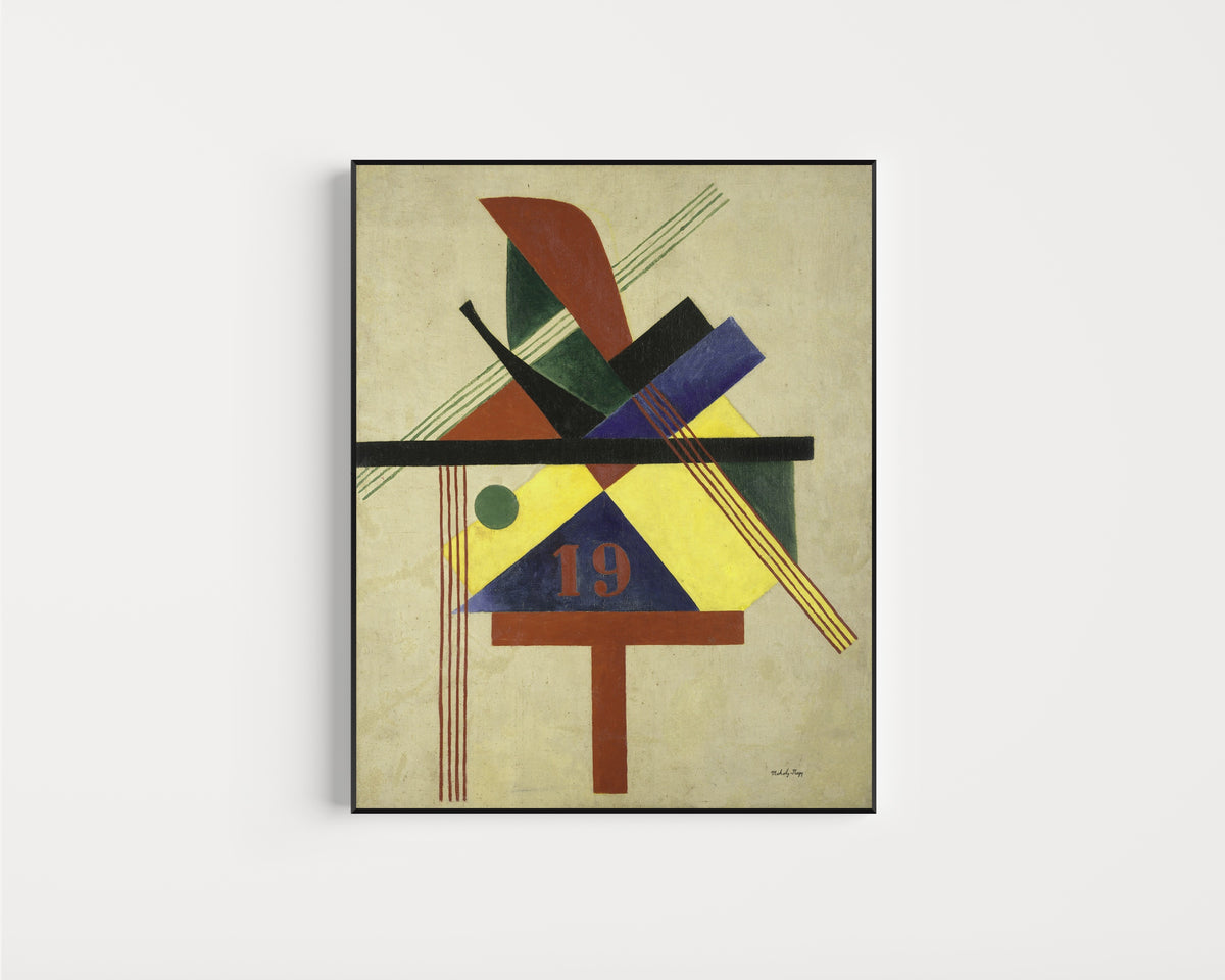 Framed art print of 19 by László Moholy-Nagy, in a slim black frame on a plain white wall