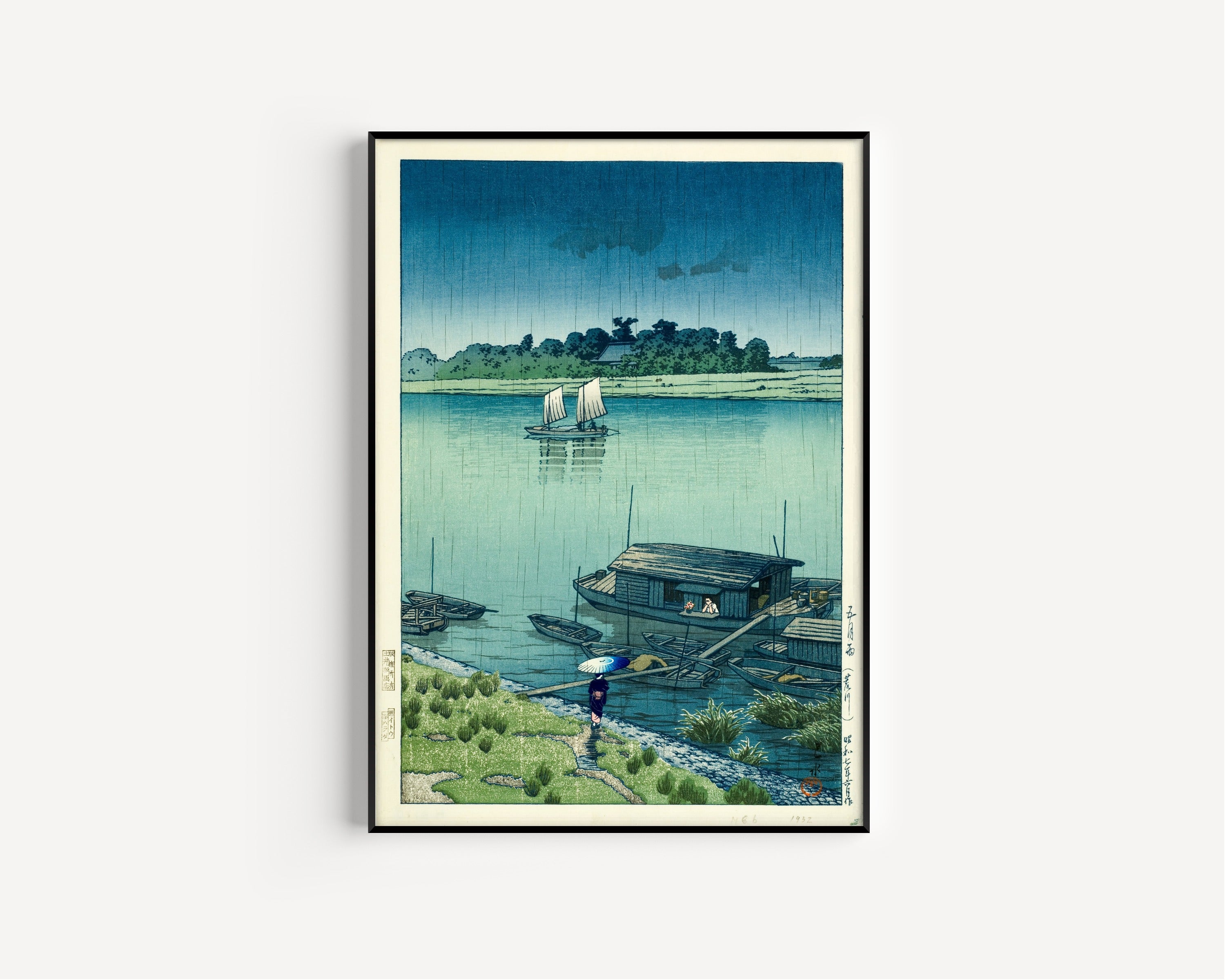 Kawase Hasui — May Rain on the Arakawa | Japanese Woodblock Print (Shin Hanga)