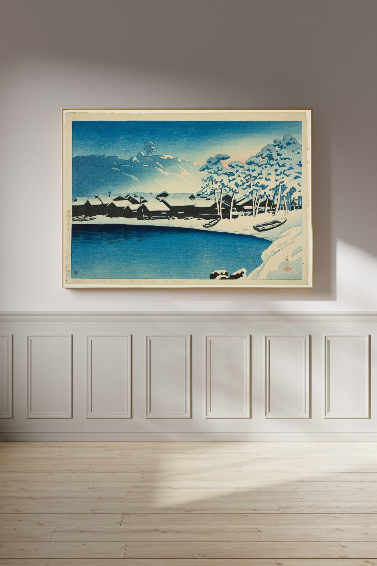 Kawase Hasui — Dawn Snow at the Port of Ogi | Japanese Woodblock Print (Shin Hanga)