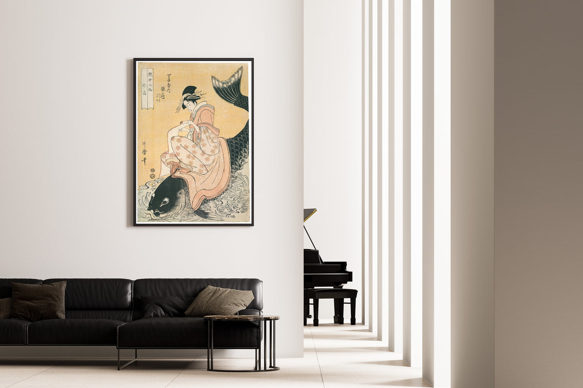Kitagawa Utamaro — Hinazuru of Chojiya as Kinko Riding a Carp | Japanese Woodblock Print (Ukiyo-e)