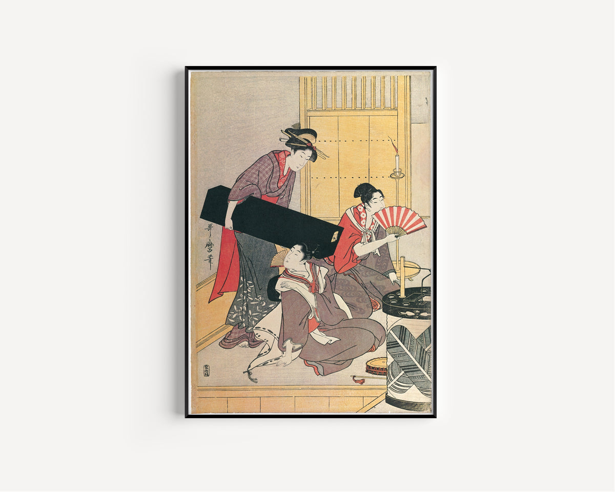 Kitagawa Utamaro — Niwaka Festival Performers at a Teahouse (left sheet) | Japanese Woodblock Print (Ukiyo-e)