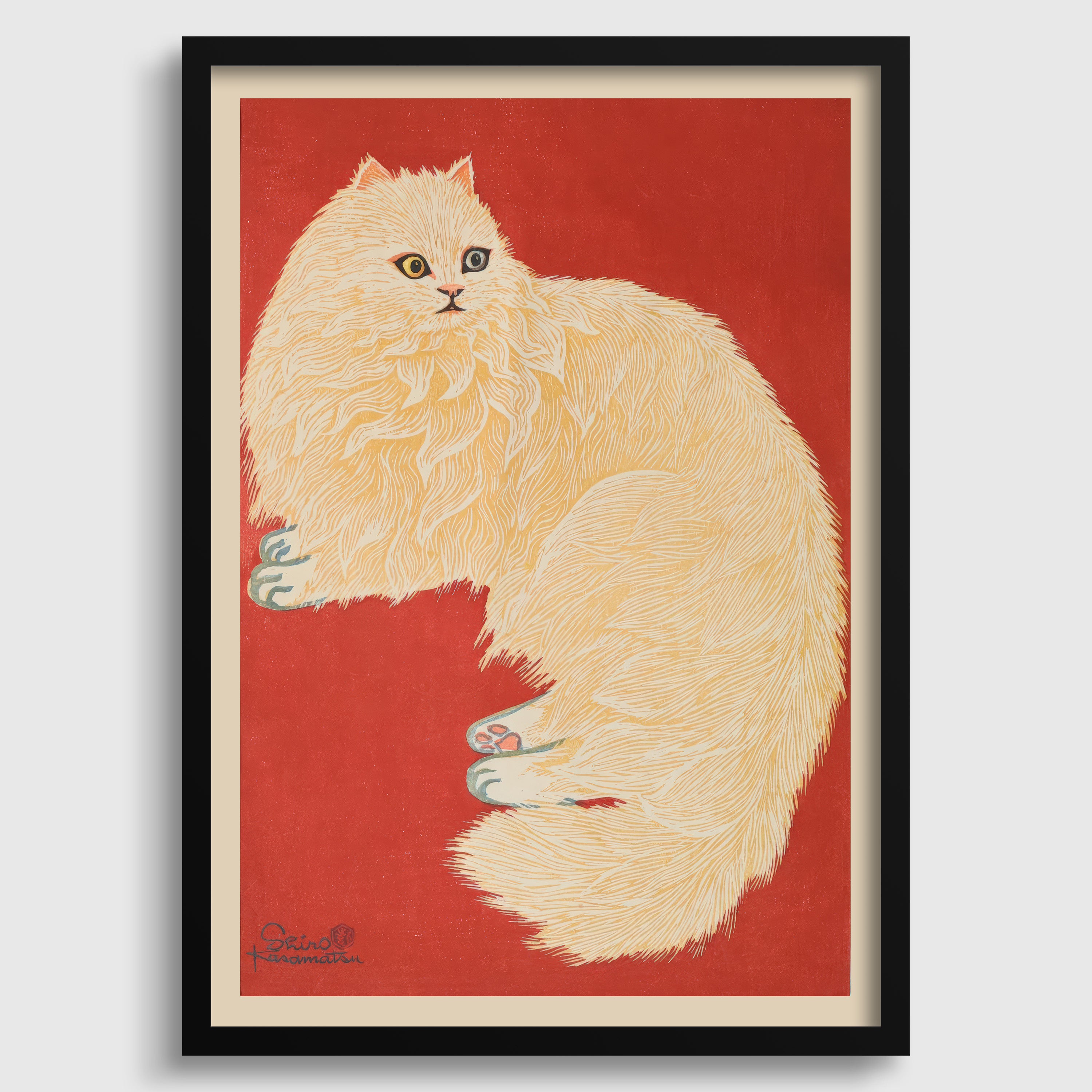A framed painting of a fluffy white cat sitting on a red background.
