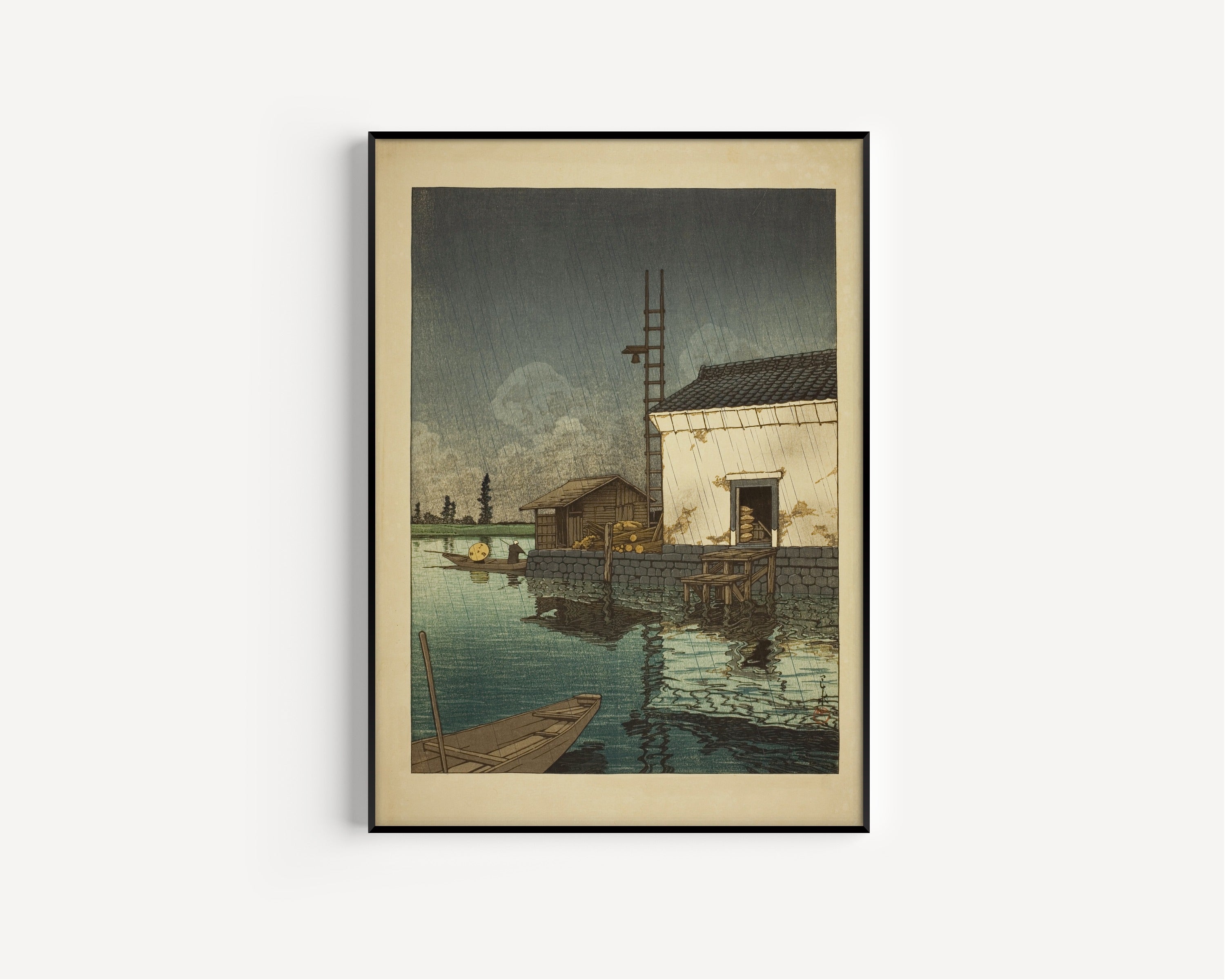 Kawase Hasui — Rain at Ushibori | Japanese Woodblock Print (Shin Hanga)