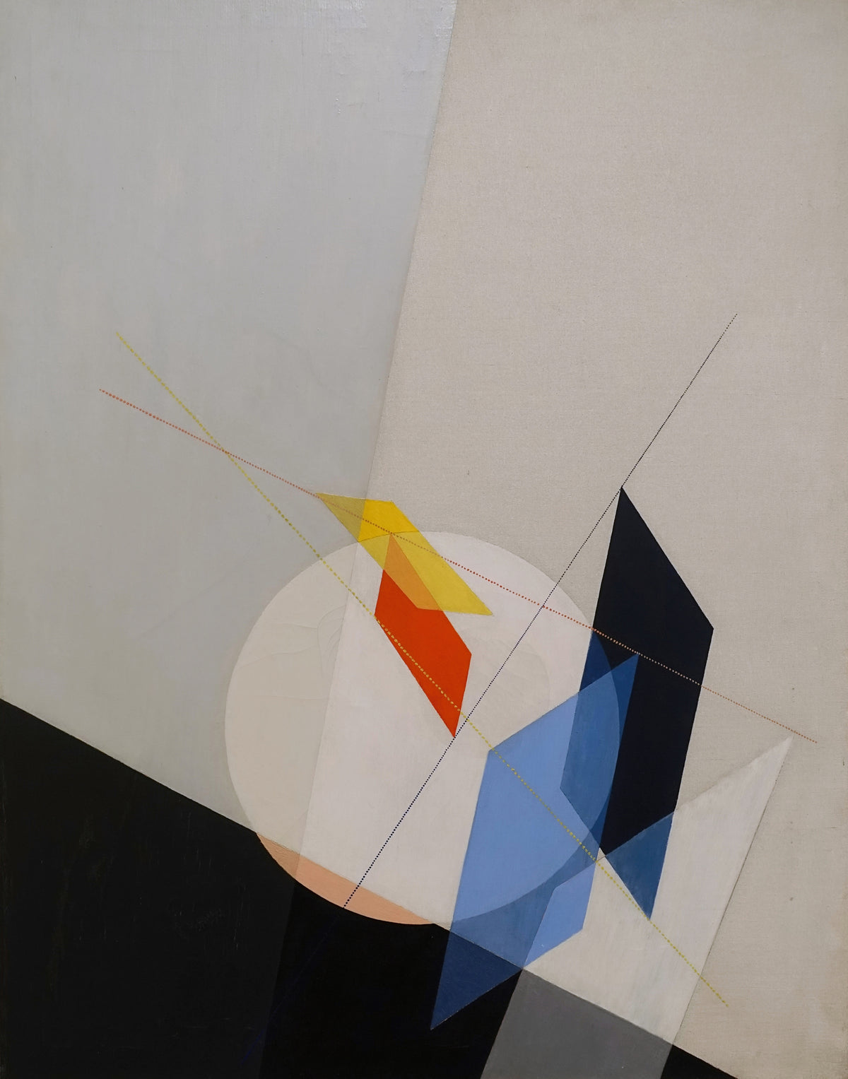 A 18 by László Moholy-Nagy — Translucent planes of blue, red and yellow cross a pale disc