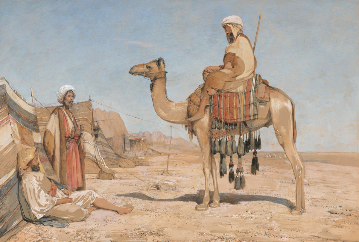 A Bedouin Encampment; or, Bedouin Arabs by John Frederick Lewis — A camel rider in a white headcloth pauses beside desert tents