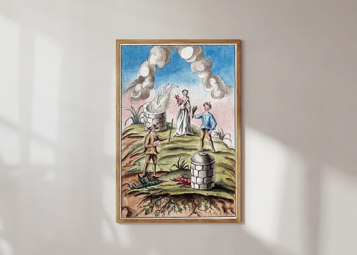 Framed art print of A Body Consumed by a Furnace, and Two Dragons Poised for Combat by After Nicolas Flamel, in a light wood frame on a sunlit white wall