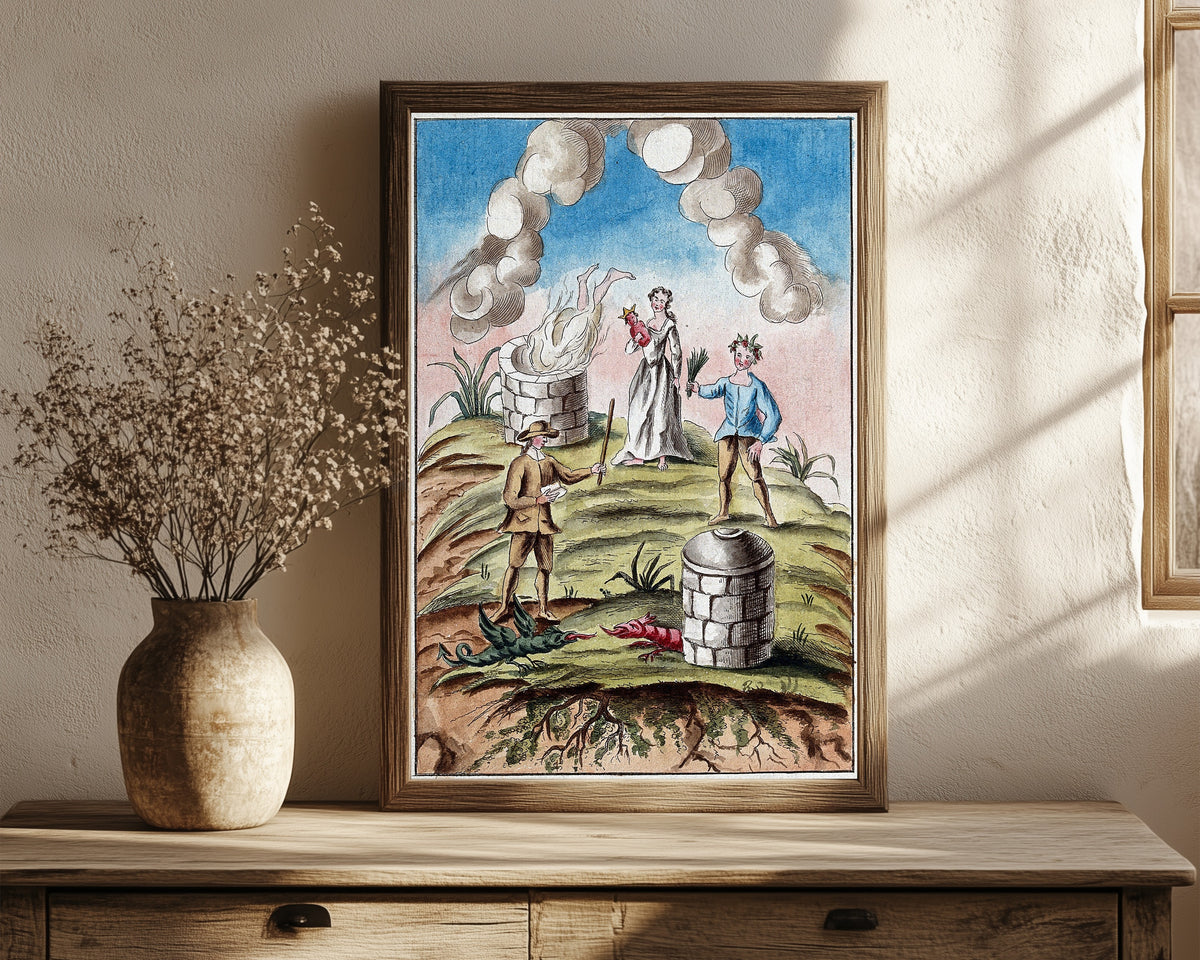 Framed art print of A Body Consumed by a Furnace, and Two… by After Nicolas Flamel, in a dark wood frame leaning on a rustic console beside dried flowers