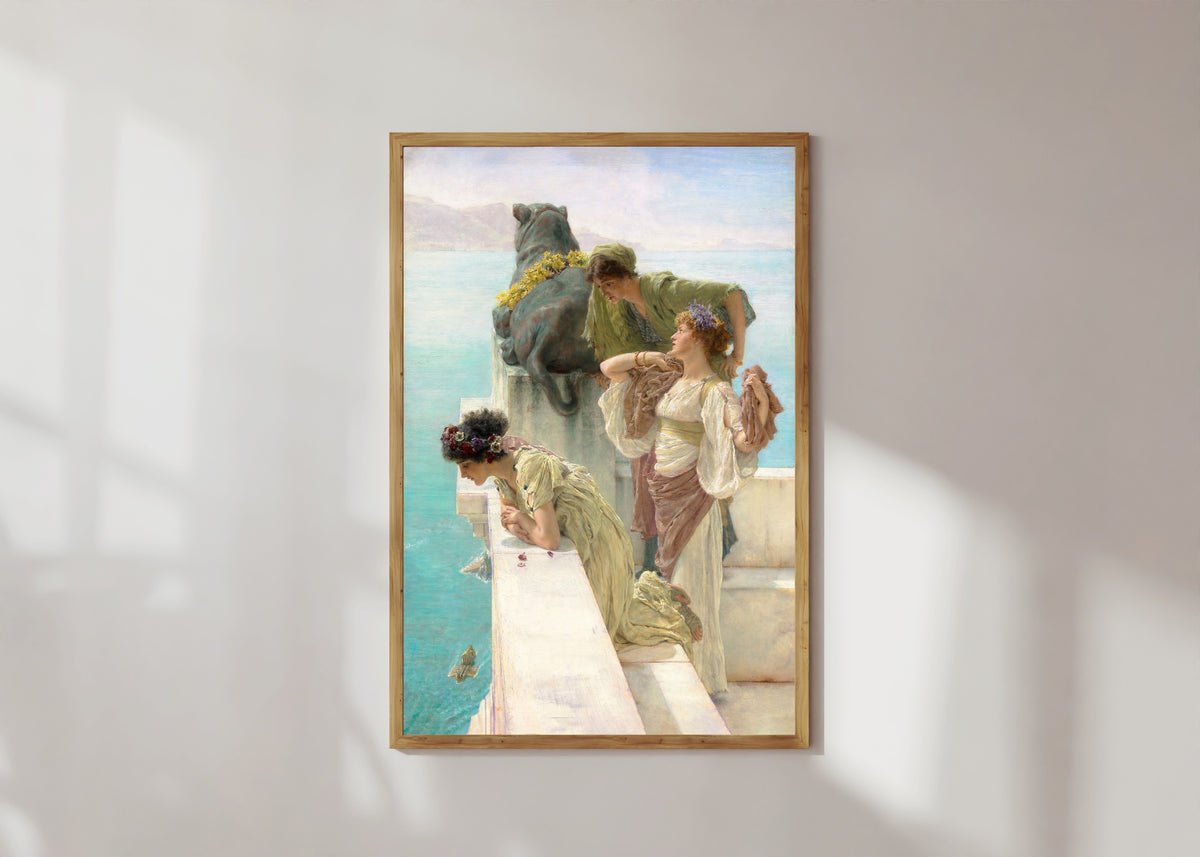 Framed art print of A Coign of Vantage by Lawrence Alma-Tadema, in a light wood frame on a sunlit white wall
