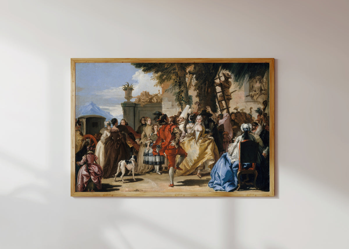 Framed art print of A Dance in the Country by Giovanni Domenico Tiepolo, in a light wood frame on a sunlit white wall