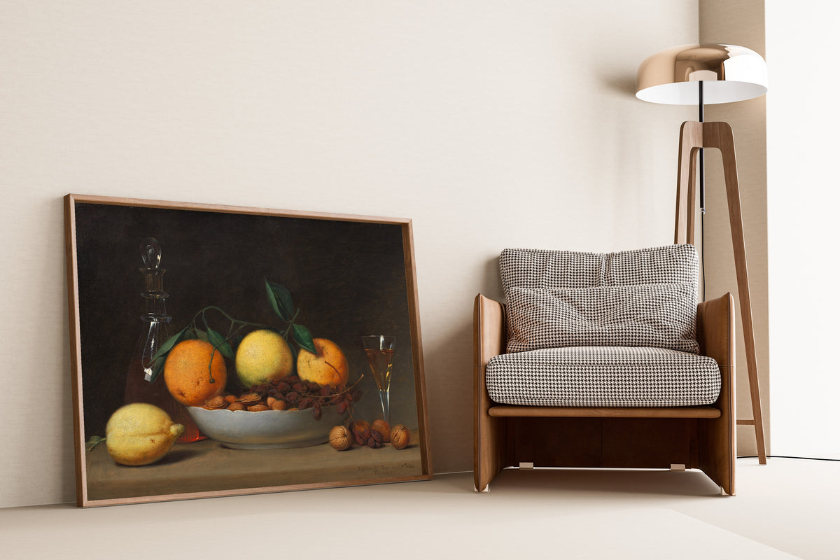 A Dessert by Raphaelle Peale — framed and leaning against a wall beside an armchair and a floor lamp