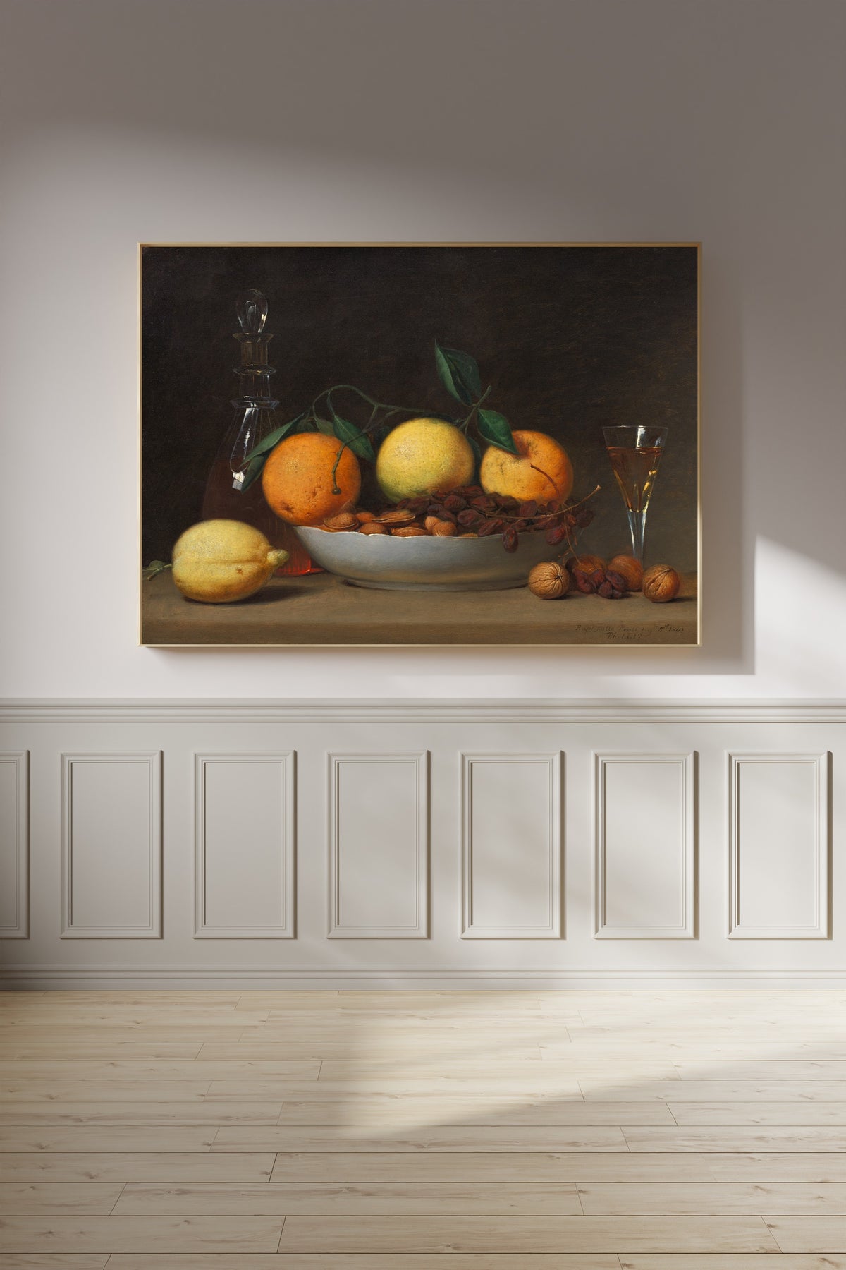 A Dessert by Raphaelle Peale — framed on a panelled wall in afternoon light