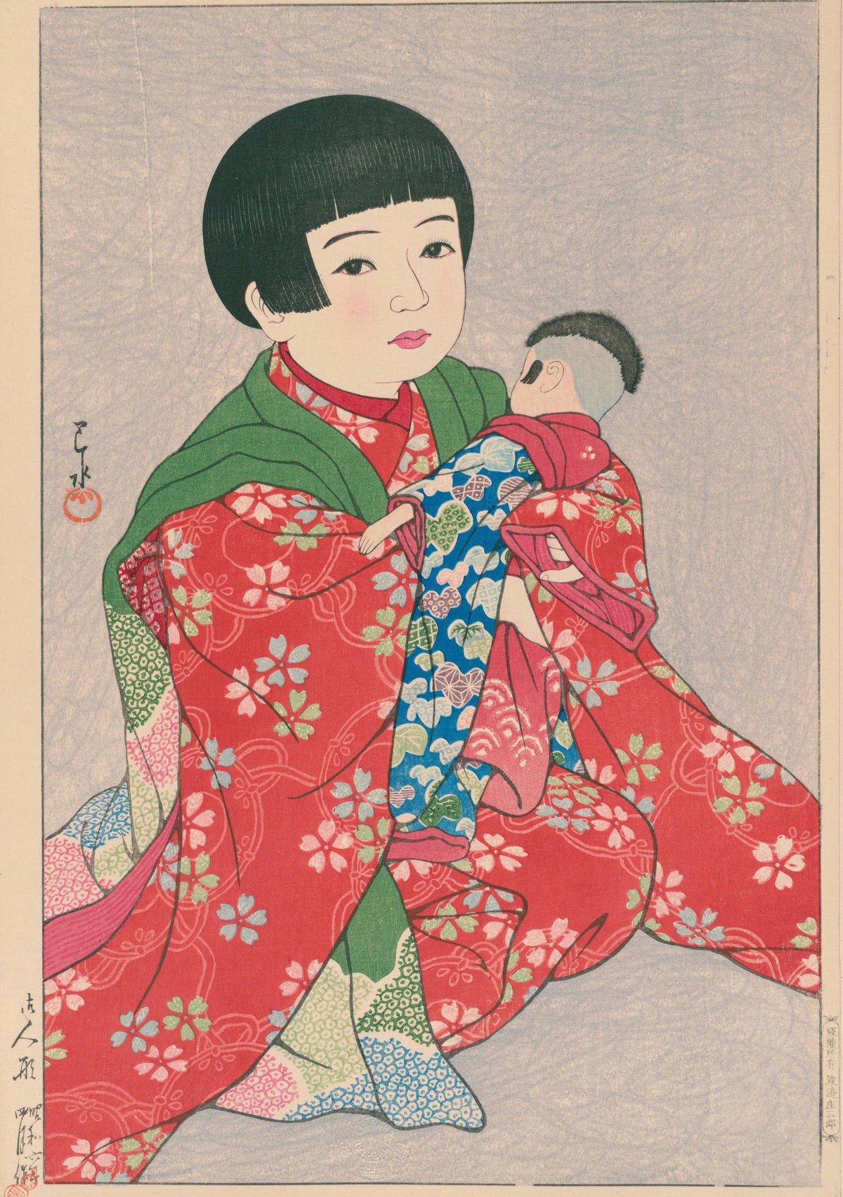 A Doll by Kawase Hasui — Small child in a red blossom-patterned robe holding a doll