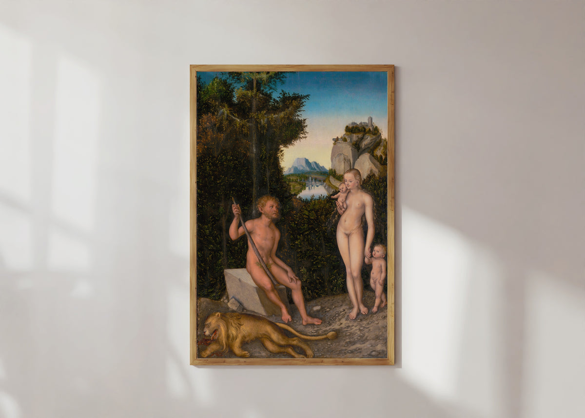 Framed art print of A Faun and His Family with a Slain Lion by Lucas Cranach the Elder, in a light wood frame on a sunlit white wall