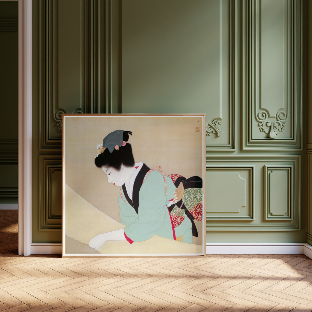 A Fine Day by Uemura Shōen — shown framed on a wall