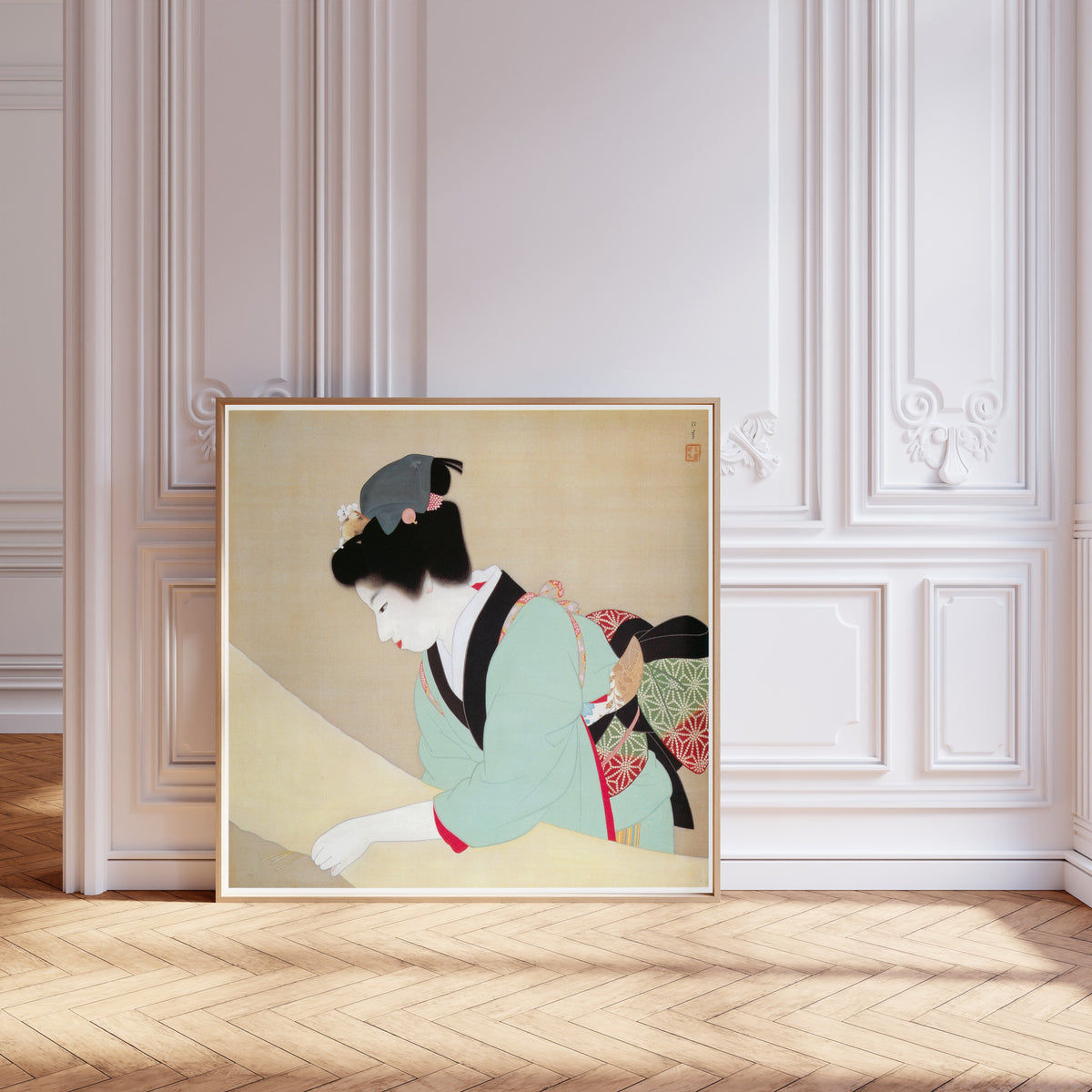 A Fine Day by Uemura Shōen — shown framed on a wall