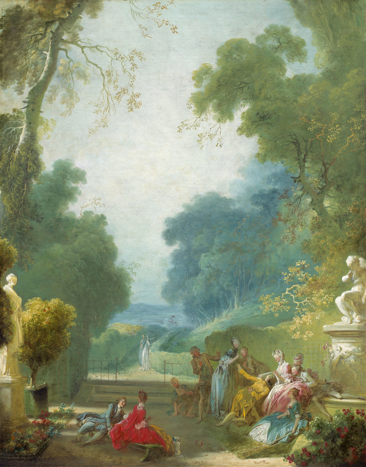 A Game of Hot Cockles by Jean-Honoré Fragonard — Garden revellers play a kneeling game beneath a white statue
