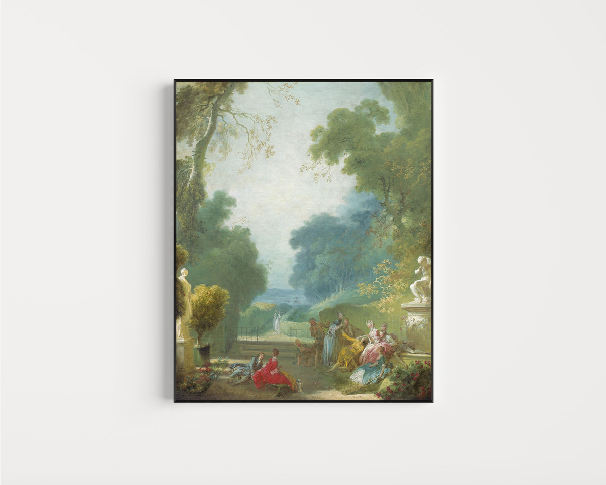 Framed art print of A Game of Hot Cockles by Jean-Honoré Fragonard, in a slim black frame on a plain white wall