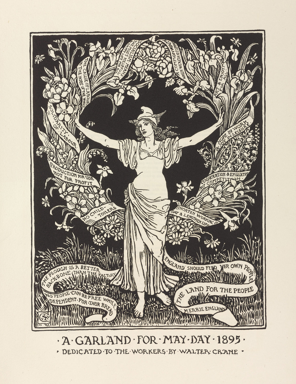 A Garland for May Day by Walter Crane — A woman in a winged cap spreads garlands of banners and flowers