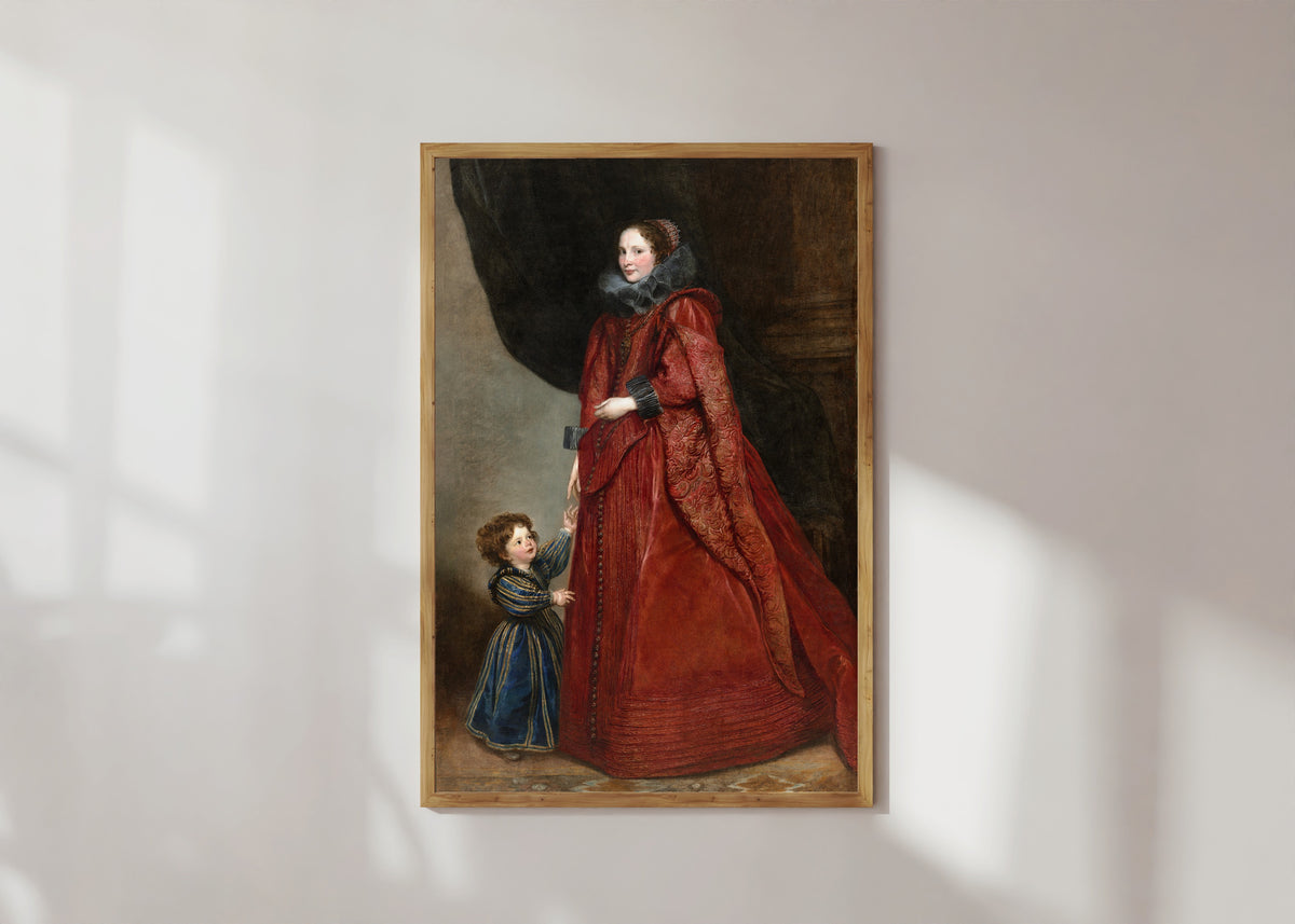 Framed art print of A Genoese Lady with Her Child by Anthony van Dyck, in a light wood frame on a sunlit white wall