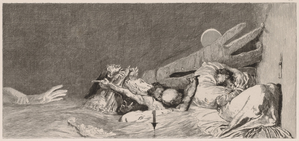 A Glove: Anxieties by Max Klinger — A giant glove reaches over a sleeper's bed swarming with phantoms