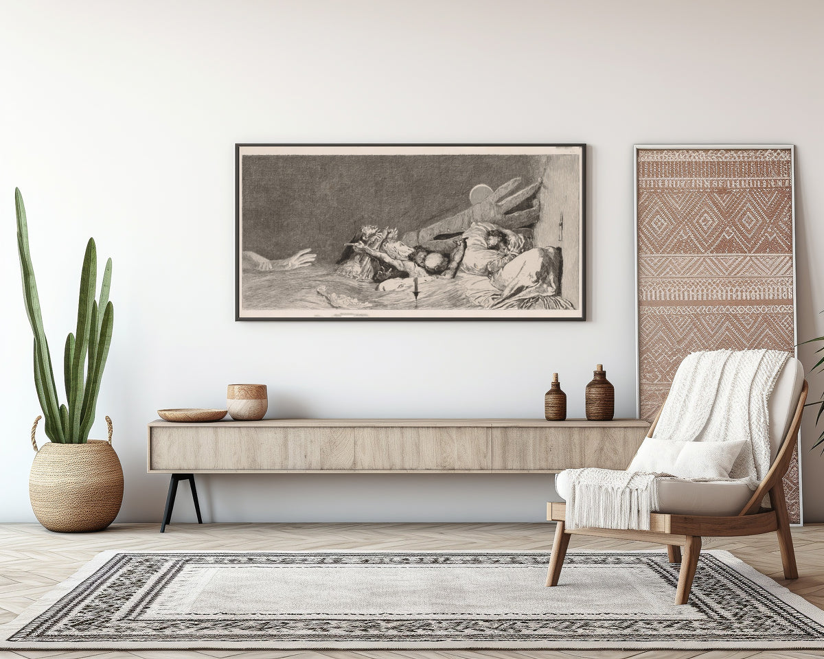 Framed art print of A Glove: Anxieties by Max Klinger, above a sideboard in a living room