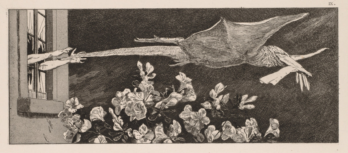A Glove: The Abduction by Max Klinger — A winged reptile carries off a glove as arms reach from a window