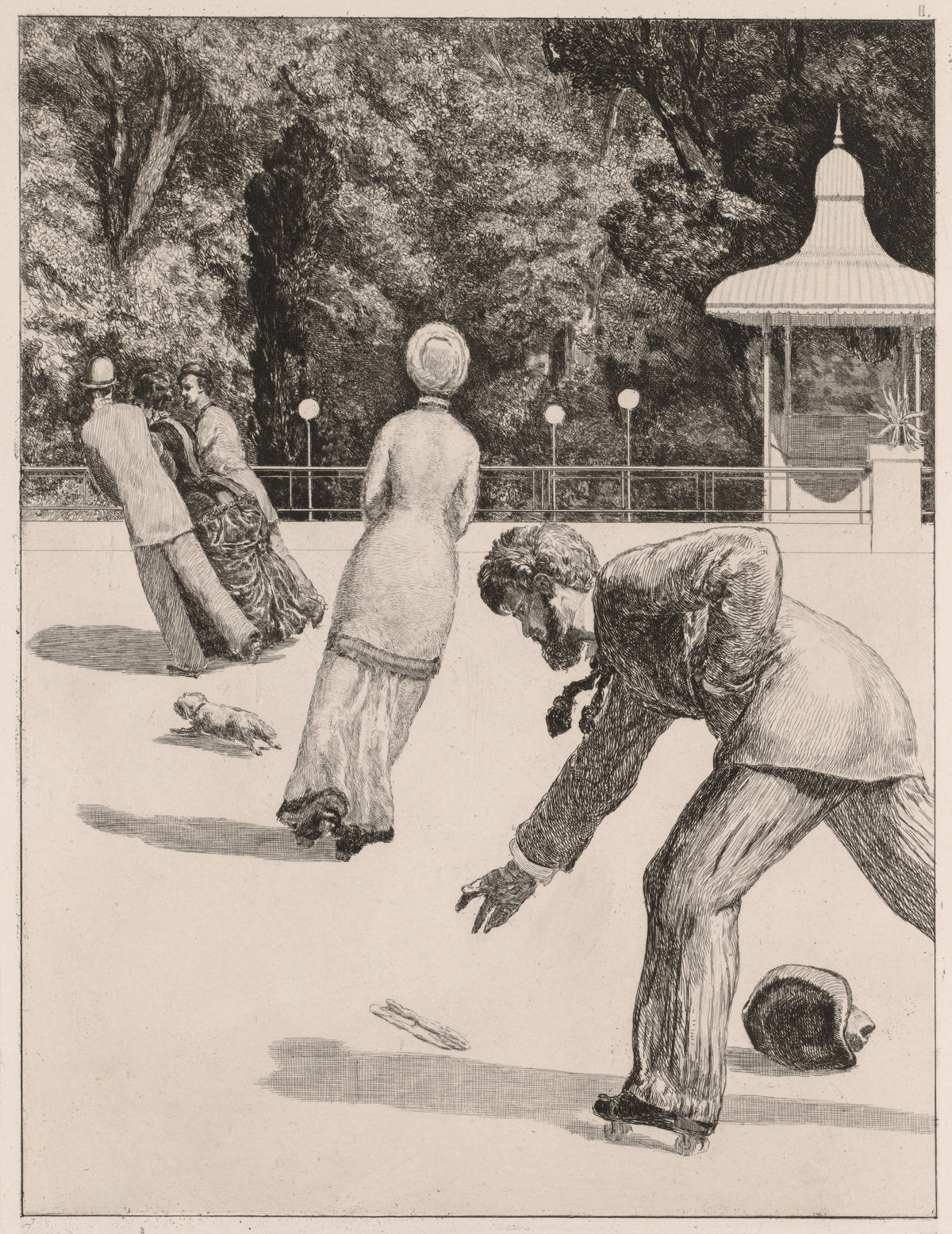 A Glove: The Action by Max Klinger — A skater stoops for a dropped glove as a lady glides away