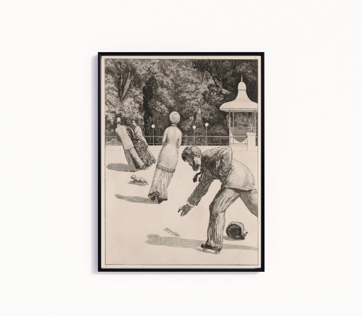 Framed art print of A Glove: The Action by Max Klinger, in a slim black frame on a plain white wall