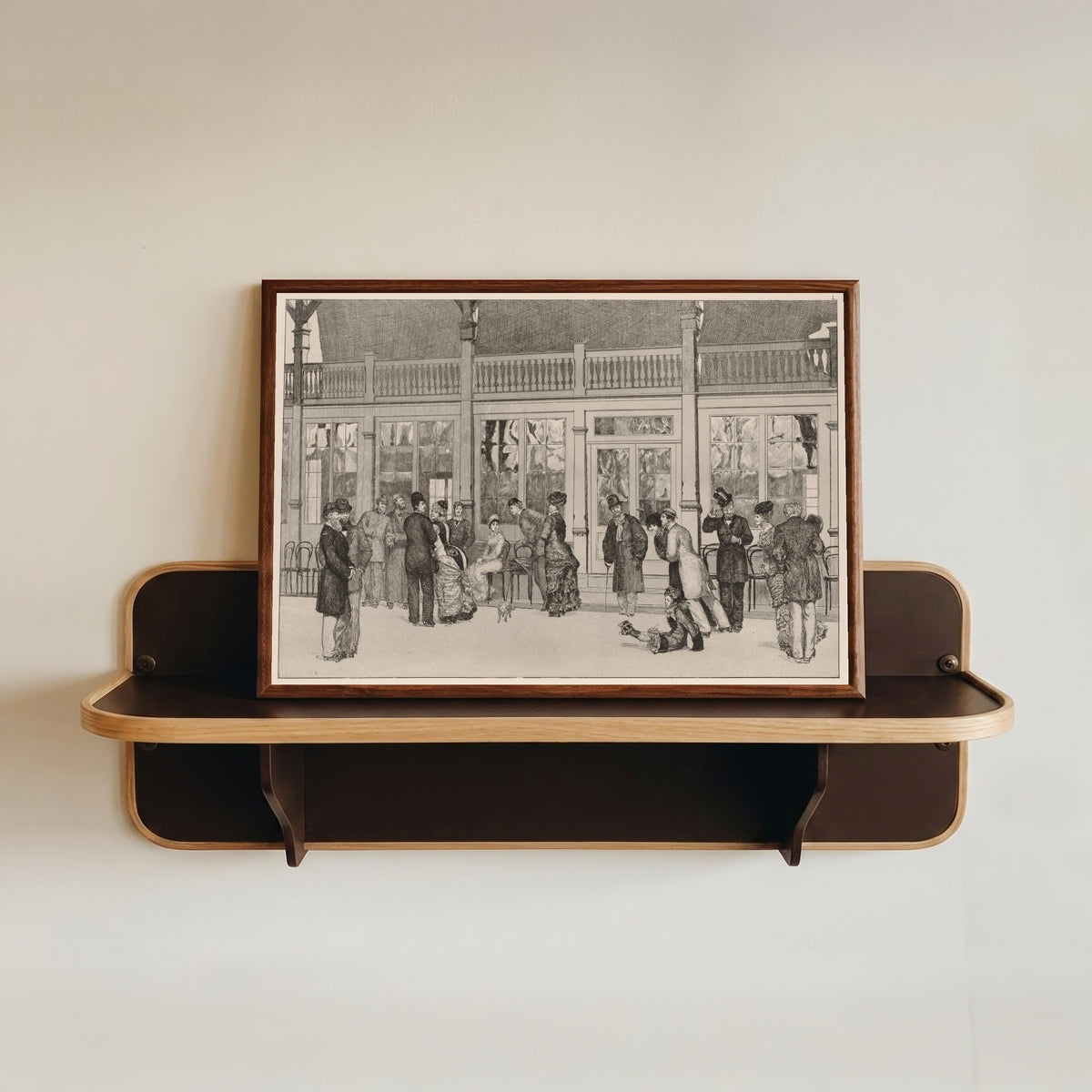 Framed art print of A Glove: The Locale by Max Klinger, in a dark wood frame resting on a wall shelf