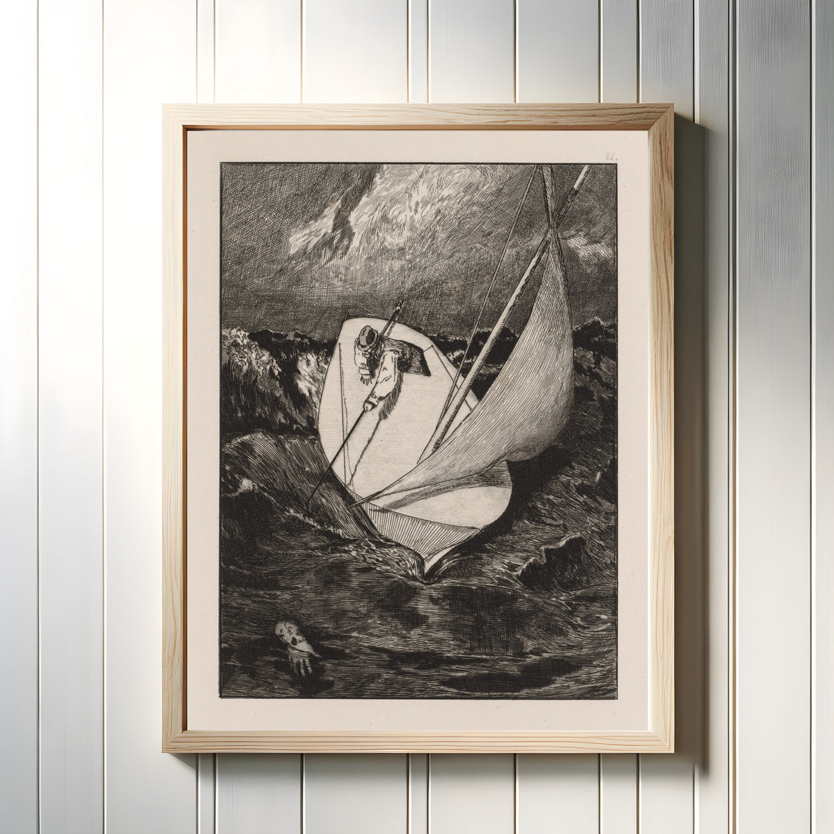 Framed art print of A Glove: The Rescue by Max Klinger, in a light wood frame on a white panelled wall