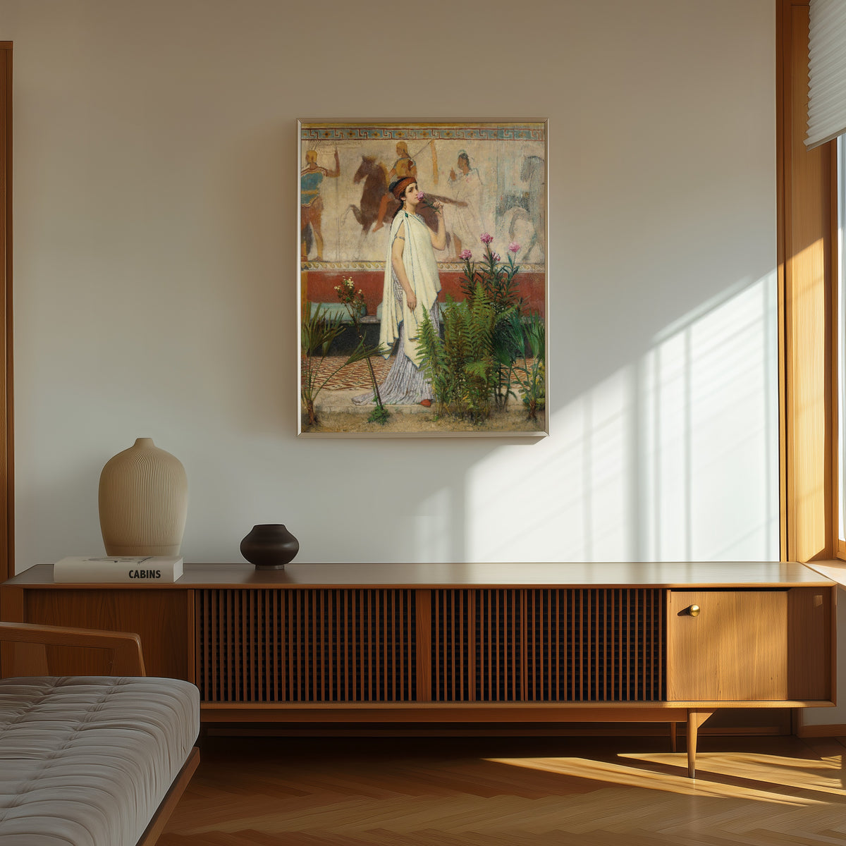 Framed art print of A Greek Woman by Lawrence Alma-Tadema, in a thin light frame on a sunlit wall above a wooden sideboard