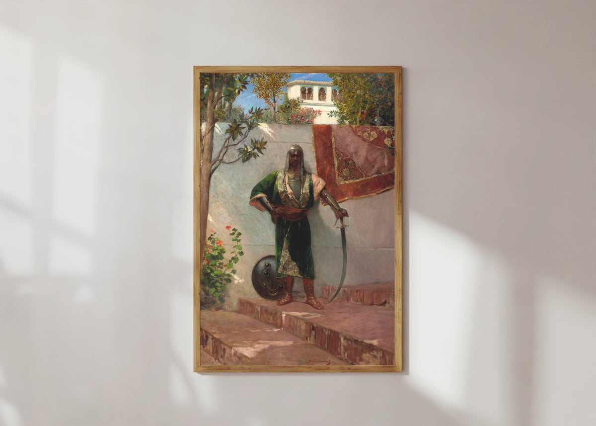 Framed art print of A Janissary by Jean-Joseph Benjamin-Constant, in a light wood frame on a sunlit white wall