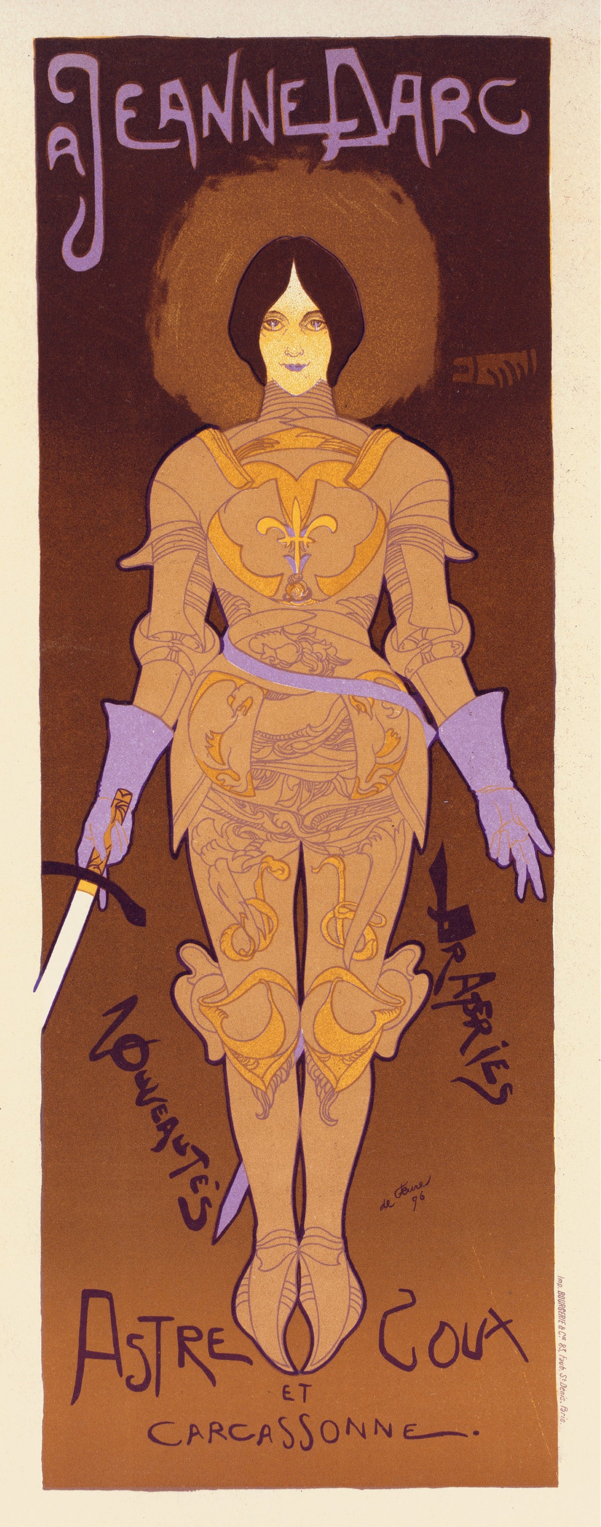 A Jeanne d'Arc by Georges de Feure — A woman in lilac and gold armour stands before a golden halo