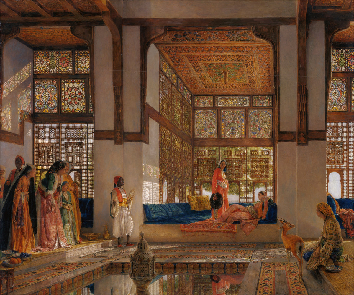 A Lady Receiving Visitors (The Reception) by John Frederick Lewis — Sunlight through carved lattices fills a hall as a lady greets guests