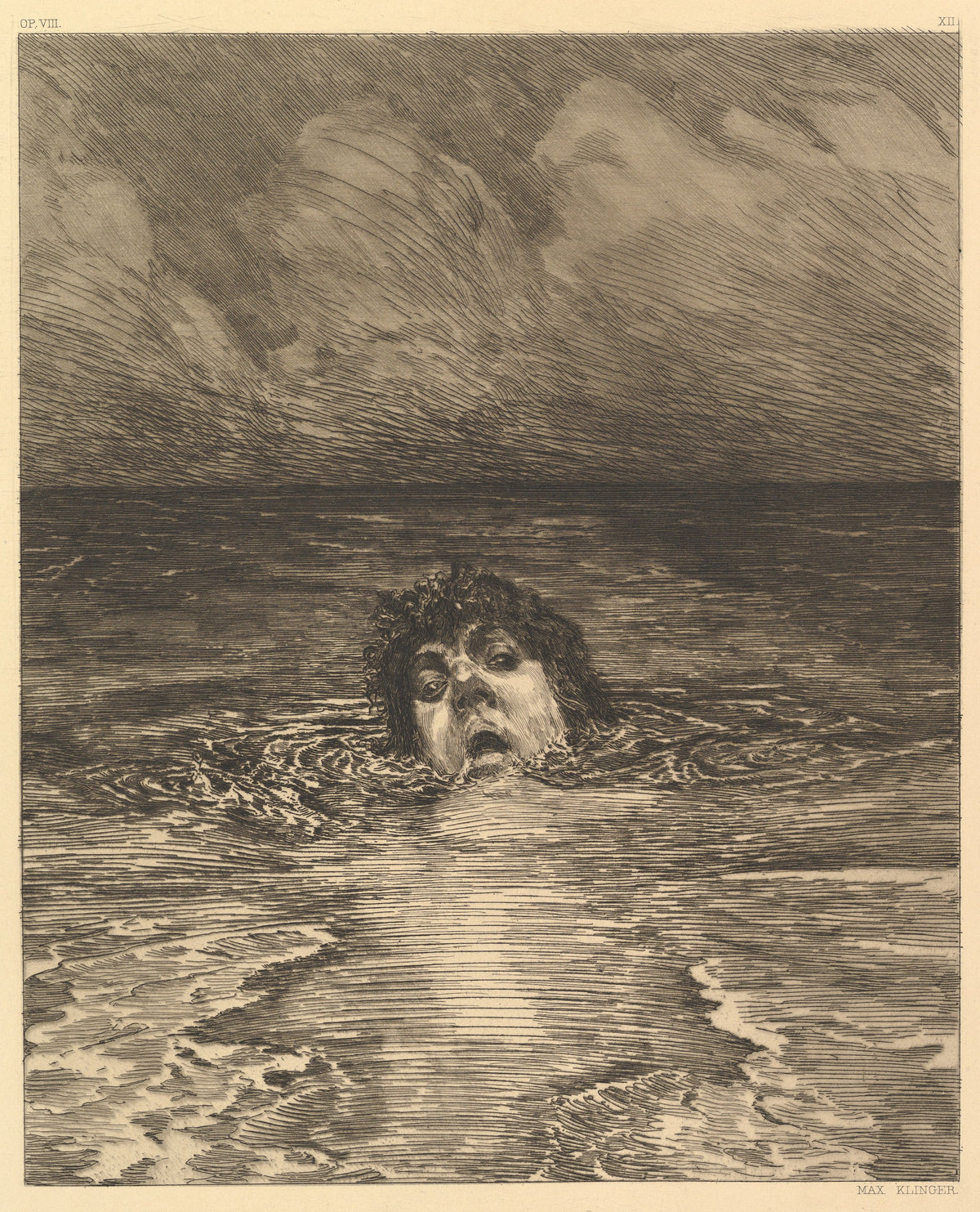 A Life: Going Under by Max Klinger — A single head stares out from a flat, dark open sea