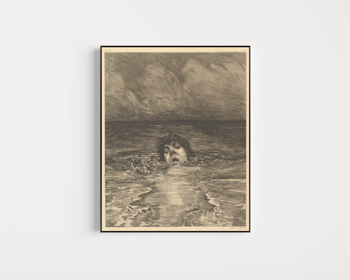 Framed art print of A Life: Going Under by Max Klinger, in a slim black frame on a plain white wall