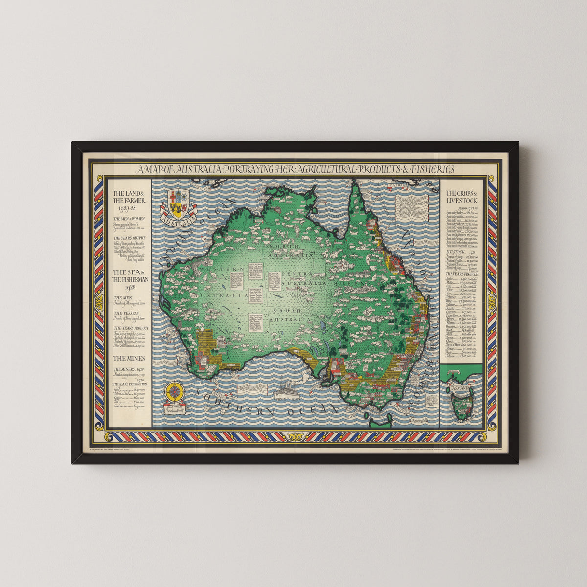 MacDonald Gill — A Map of Australia Portraying Her Agricultural Products & Fisheries | Vintage Pictorial Map Print