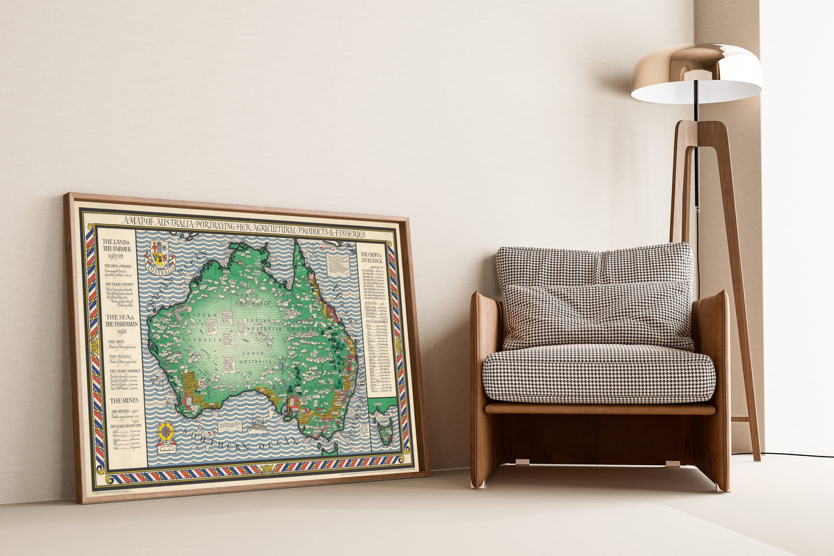 MacDonald Gill — A Map of Australia Portraying Her Agricultural Products & Fisheries | Vintage Pictorial Map Print