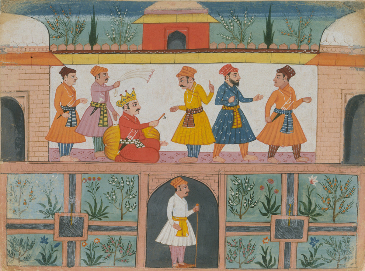 A Messenger Is Dispatched by Bilaspur school — A seated ruler and five attendants confer above a garden