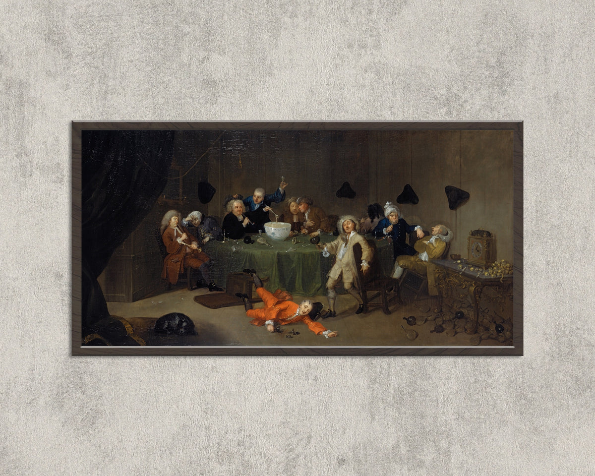 Framed art print of A Midnight Modern Conversation by William Hogarth, in a wide black frame on a concrete wall