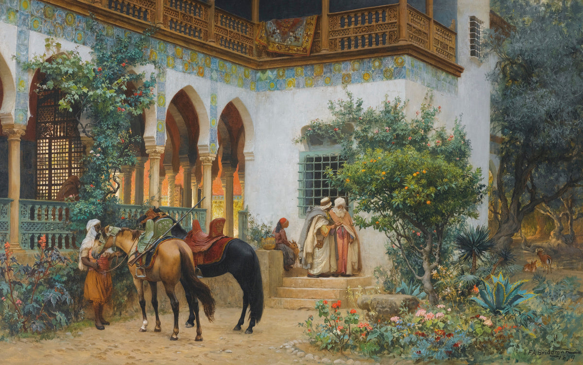 A North African Courtyard by Frederick Arthur Bridgman — A groom holds a horse in a tiled courtyard full of flowers