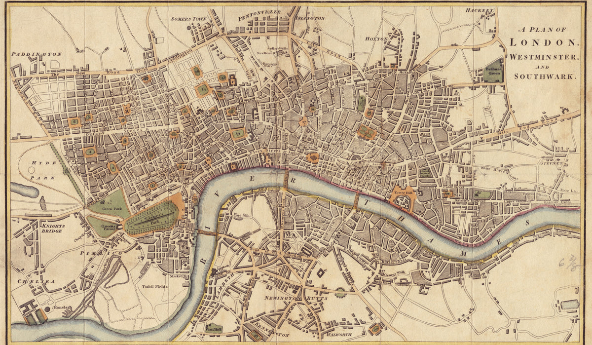 Richard Phillips — A Plan of London, Westminster and Southwark | Antique City Plan Print
