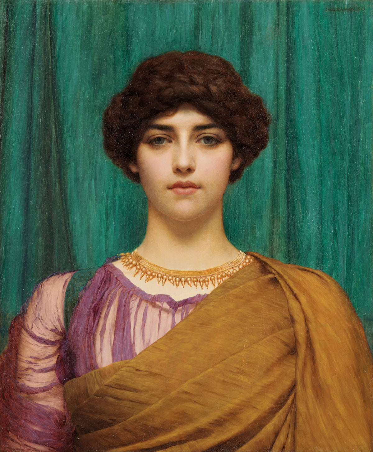 A Pompeian Lady by John William Godward — A dark-haired woman in an ochre mantle faces out before a teal curtain