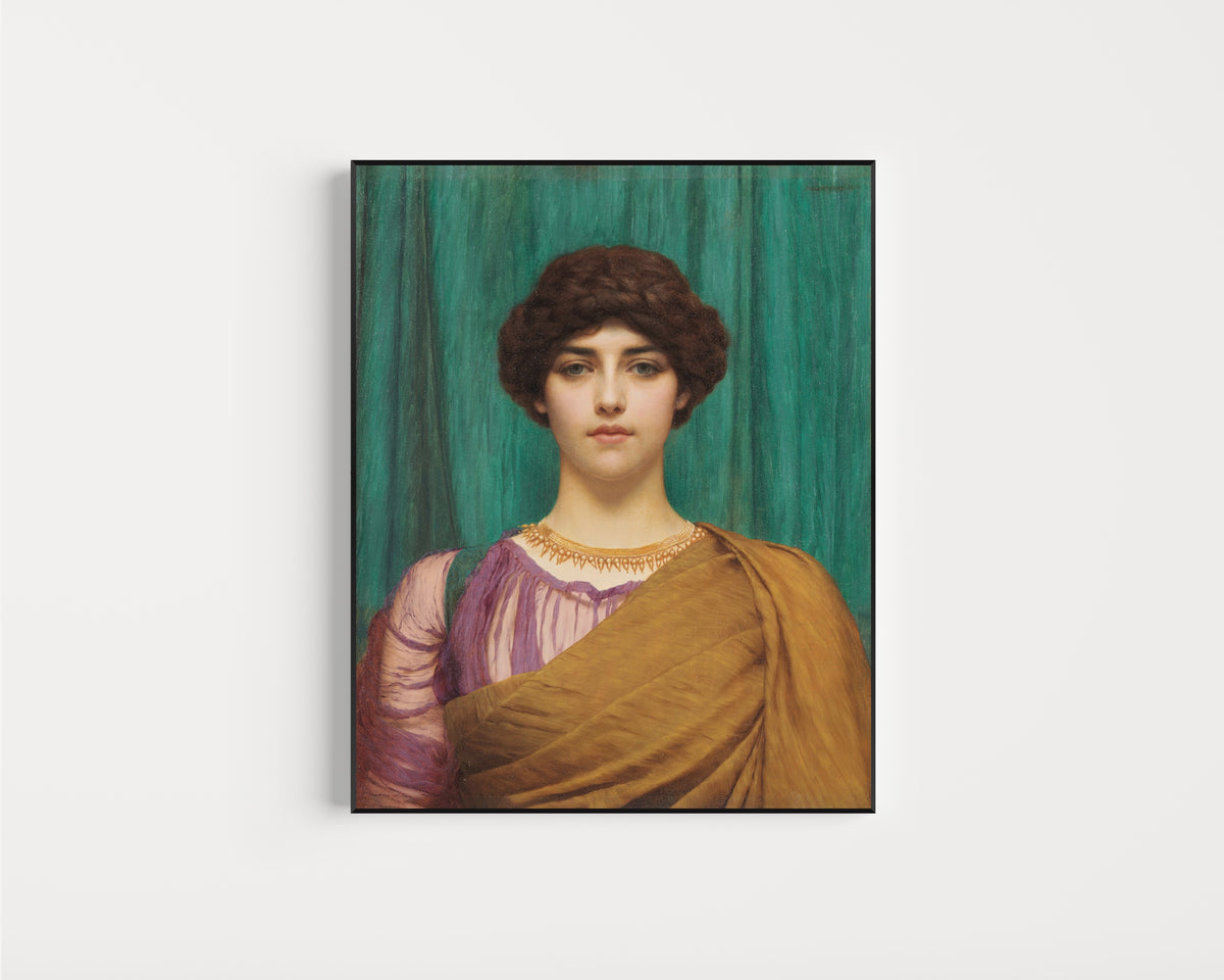 Framed art print of A Pompeian Lady by John William Godward, in a slim black frame on a plain white wall