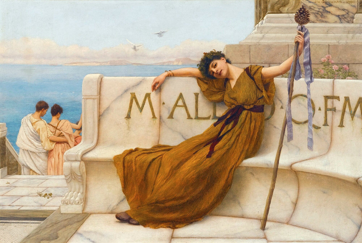 A Priestess of Bacchus by John William Godward — A priestess in ochre robes reclines on a marble seat above the sea