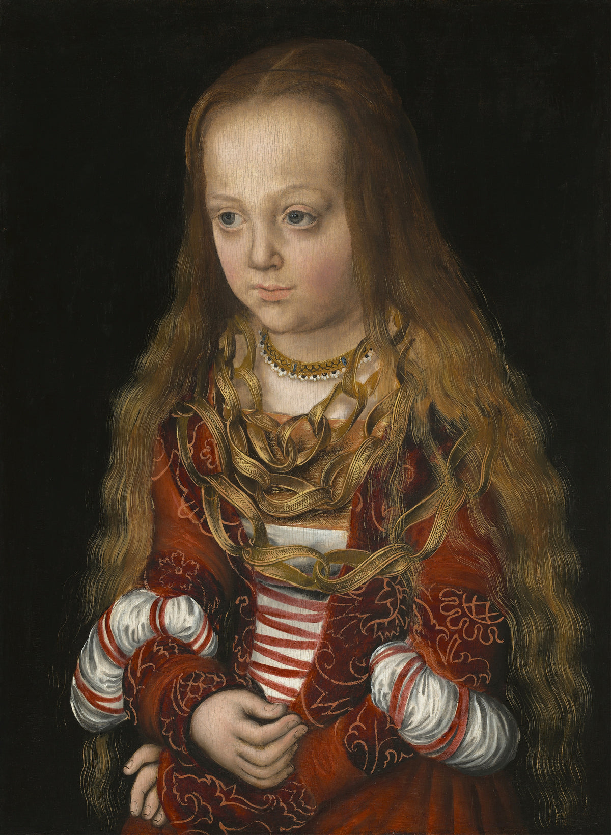 A Princess of Saxony by Lucas Cranach the Elder — A young girl with long golden hair in red velvet and heavy gold chains